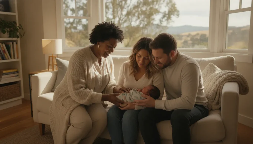 Professional postpartum doula gently showing expecting parents how to hold their newborn in a sunlit Bay Area home