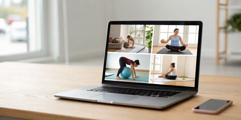 A pregnant woman attending an online birthing class on her laptop at home.
