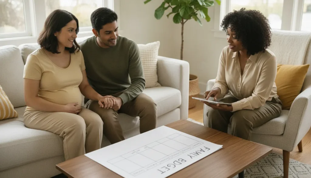 Expecting Bay Area parents reviewing a support budget with a doula