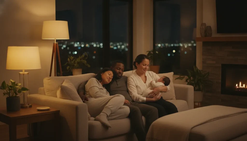 Postpartum doula caring for a newborn while parents rest