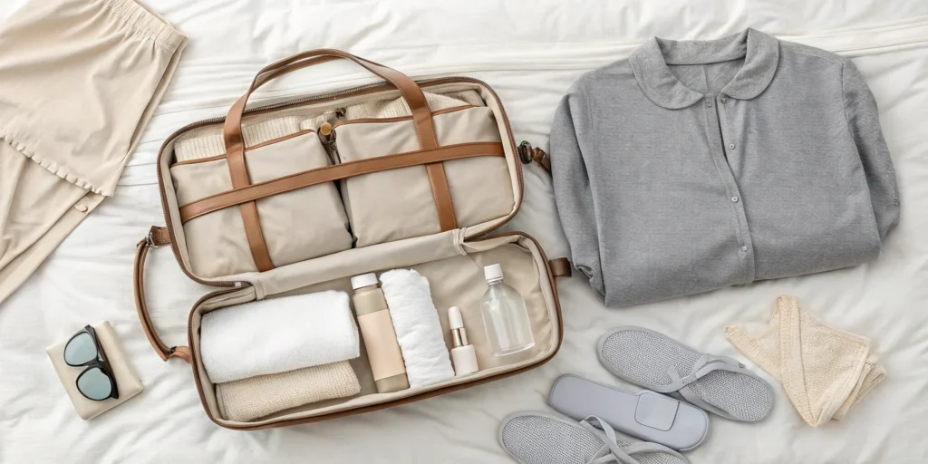 Essentials for what to pack in a hospital bag for mom and baby laid out on a bed.