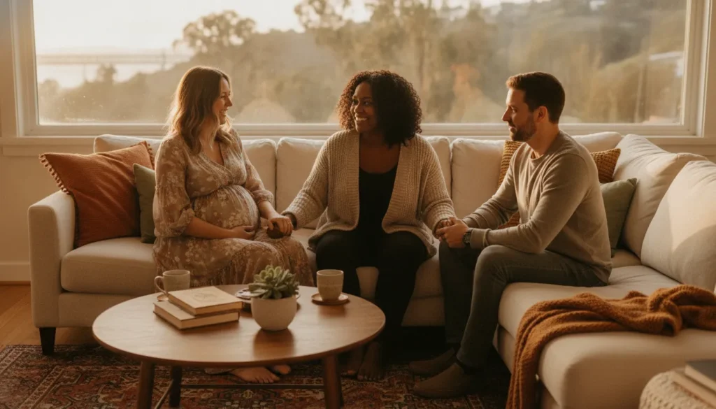 Warm consultation between a doula and expecting parents in a cozy Bay Area living room