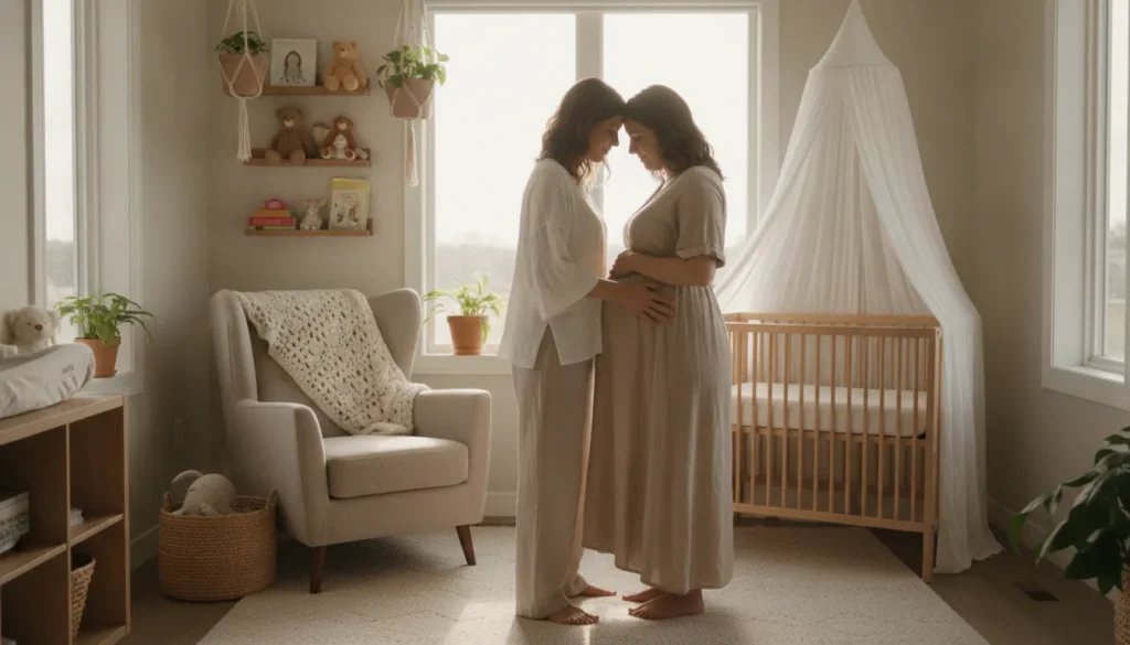 A professional certified birth doula gently supporting an expectant mother in a sunlit modern nursery