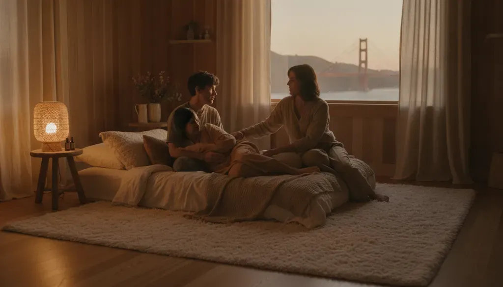 A warm Bay Area birthing room with soft lighting and a supportive doula comforting expecting parents.