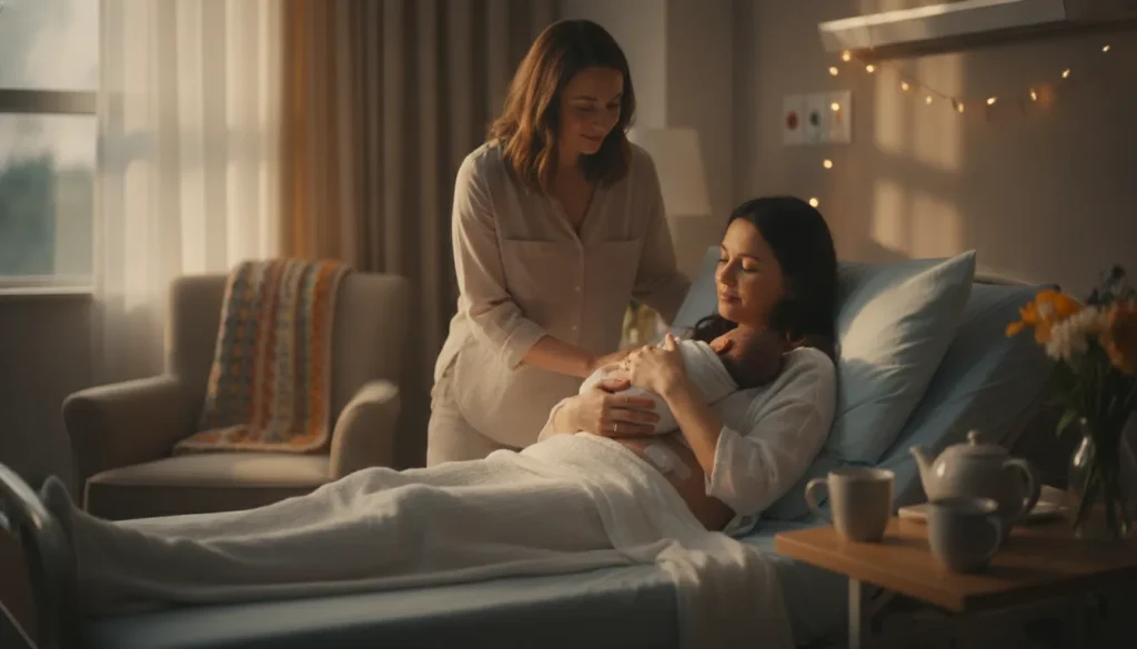 A doula providing gentle support to a new mother recovering after a C-section in a hospital room