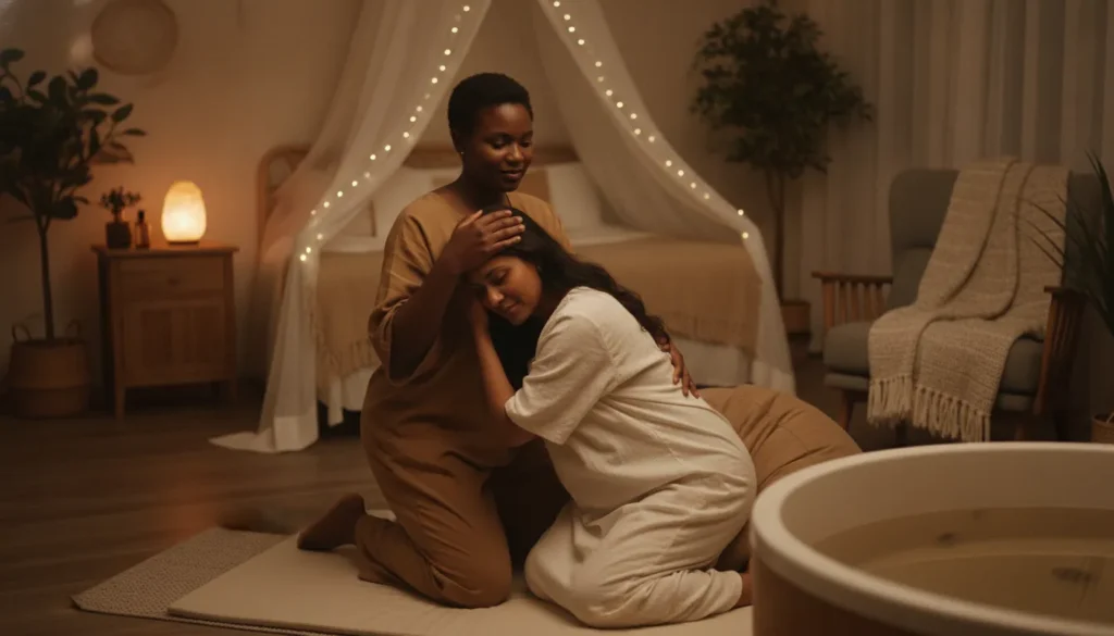 A birth doula providing physical comfort and continuous support during labor