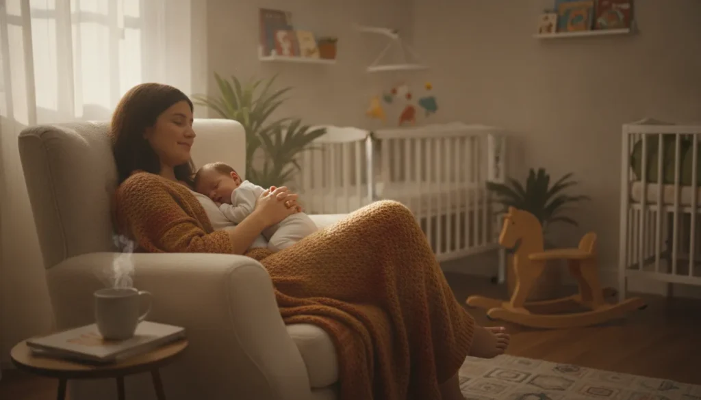 New mother resting at home with her newborn in a warm, cozy nursery setting
