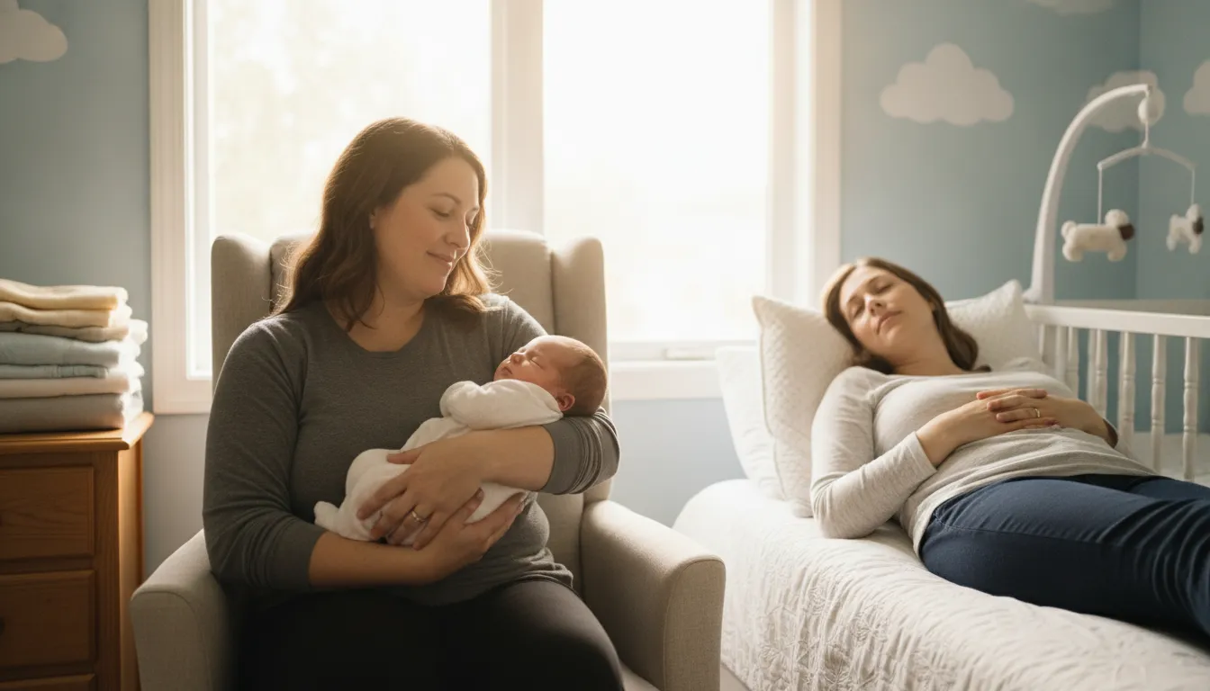 Postpartum doula sitting with a new mother in a peaceful nursery, holding the baby while the mother rests