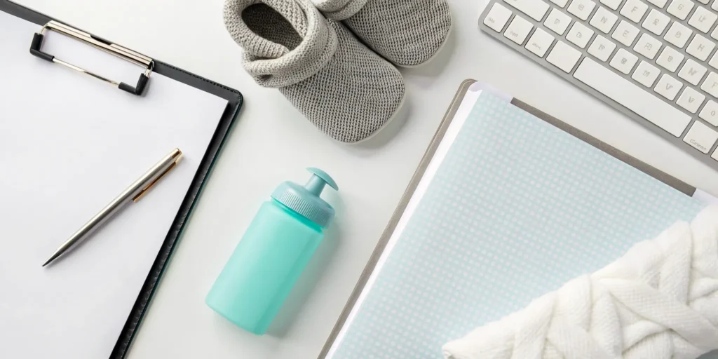 Clipboard and baby items on a desk to figure out how much a newborn care specialist costs.