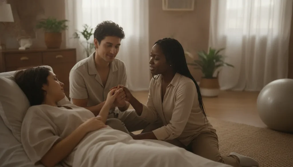 Partner and doula supporting a birthing person in a calm, softly lit room