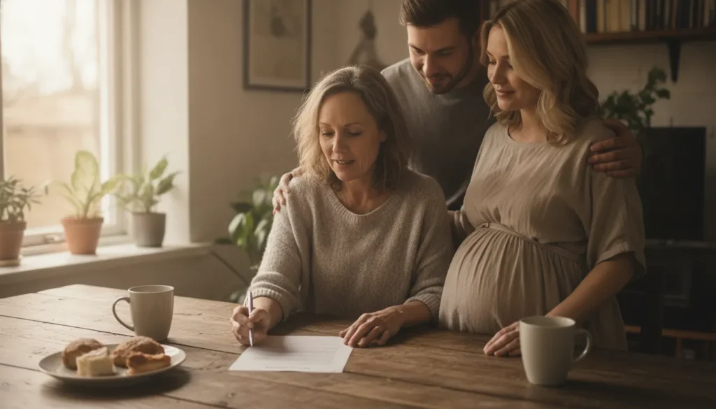 A doula and expecting parents reviewing a birth plan together at a table