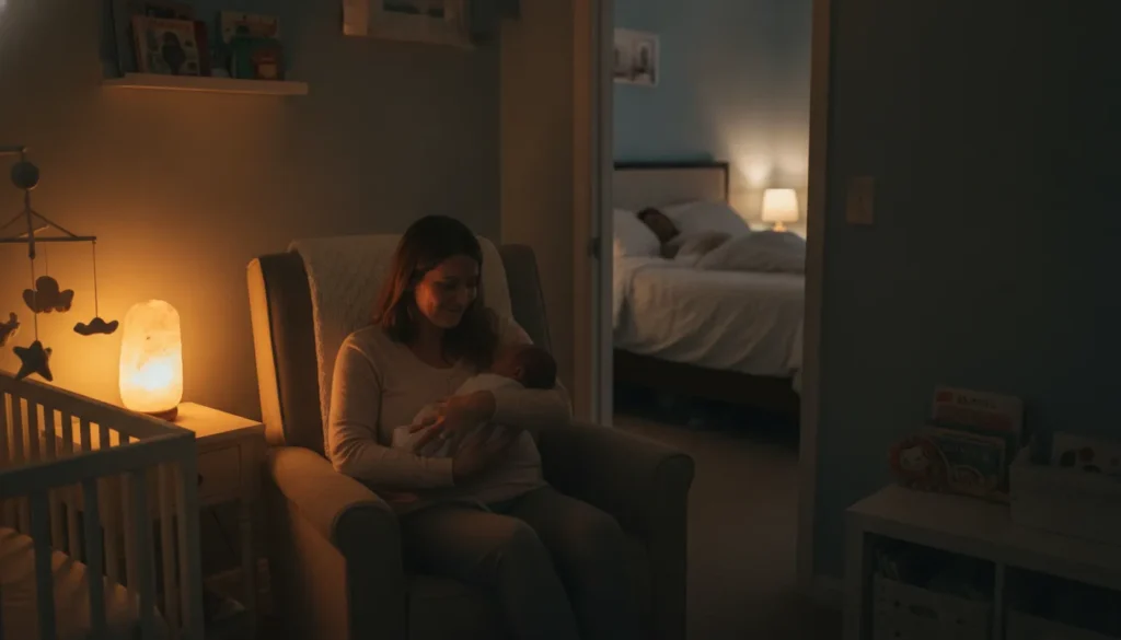 Night doula gently caring for newborn in softly lit nursery