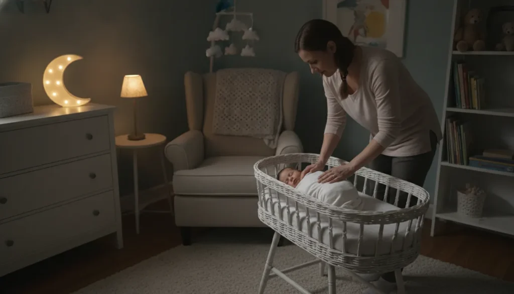 A professional doula gently caring for a sleeping newborn in a softly lit nursery at night