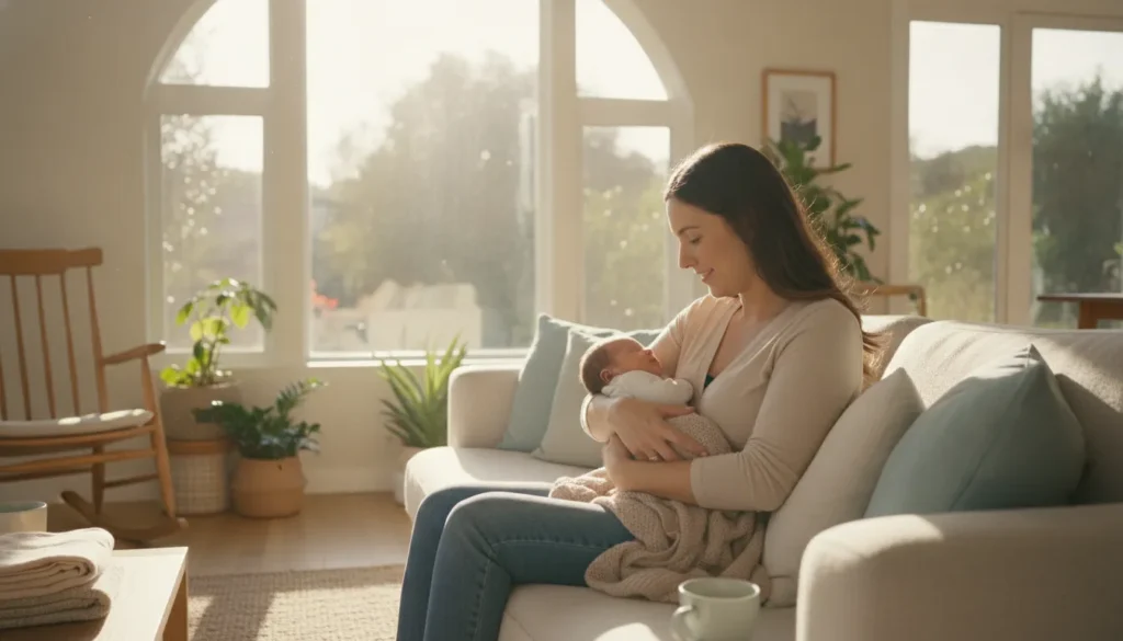 Postpartum doula sitting with a new mother in a bright Bay Area home, holding a sleeping newborn in soft natural light