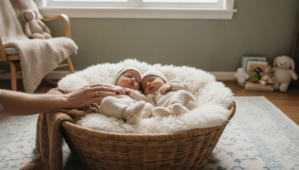 Twin newborns resting peacefully in a cozy nursery with warm soft lighting and a caregiver nearby