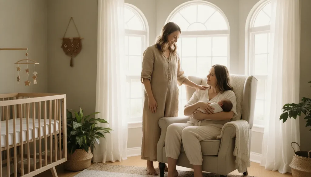 Postpartum doula supporting a new mother with her newborn baby in a warm, comfortable Bay Area home