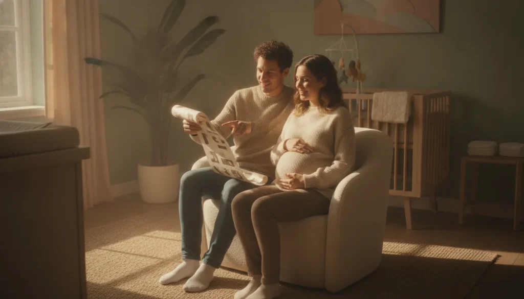 Expecting parents reviewing a postpartum planning checklist together in a cozy nursery