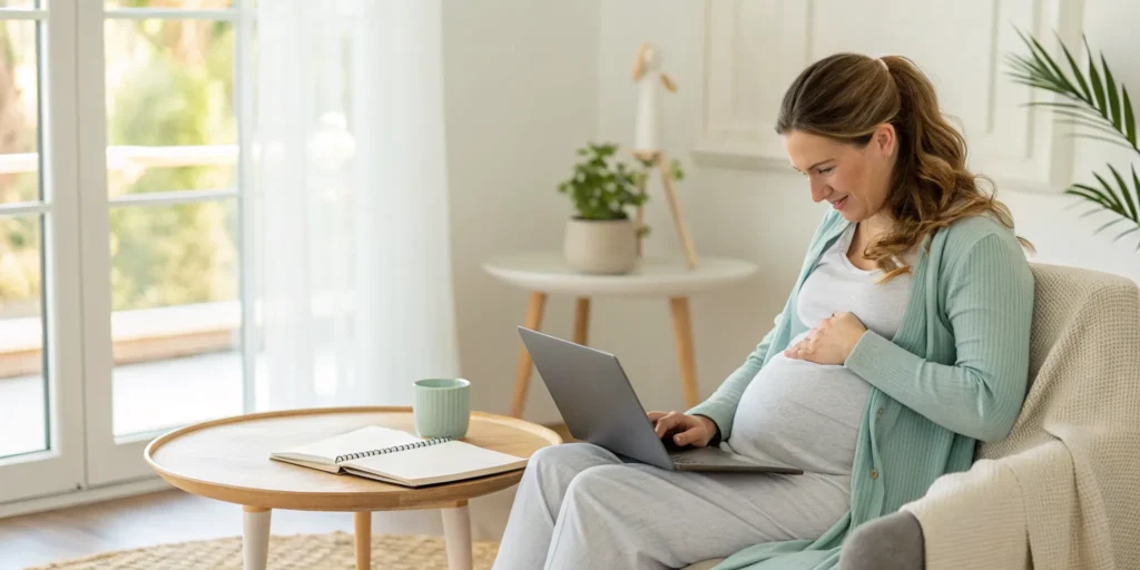 Smiling pregnant woman researching the benefits of a doula on a laptop.