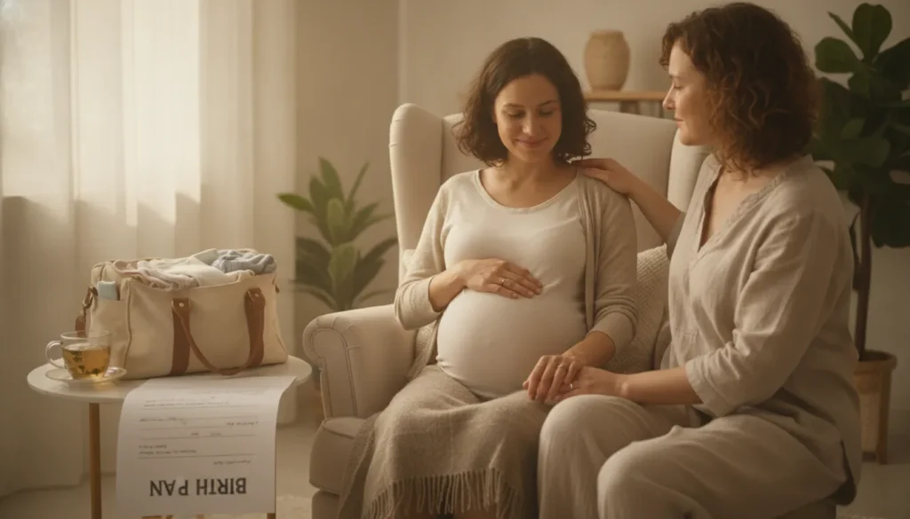 Peaceful pregnant woman in third trimester reviewing birth plan with doula support