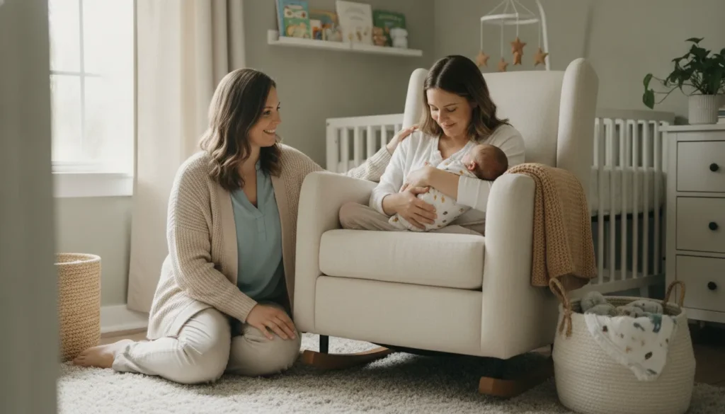 A postpartum doula gently supporting a new mother holding her newborn in a peaceful, sunlit nursery