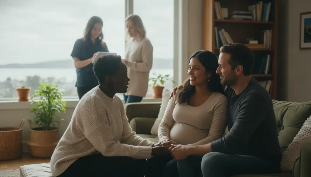 A professional doula meeting with an expectant couple in a bright Bay Area home, with two doulas in the background representing the backup coverage team model