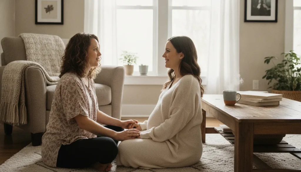 A professional birth doula during a reassuring prenatal home visit with an expecting mother in the Bay Area