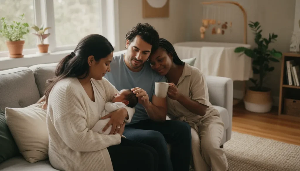 Professional postpartum doula supporting a new family in a warm Bay Area home