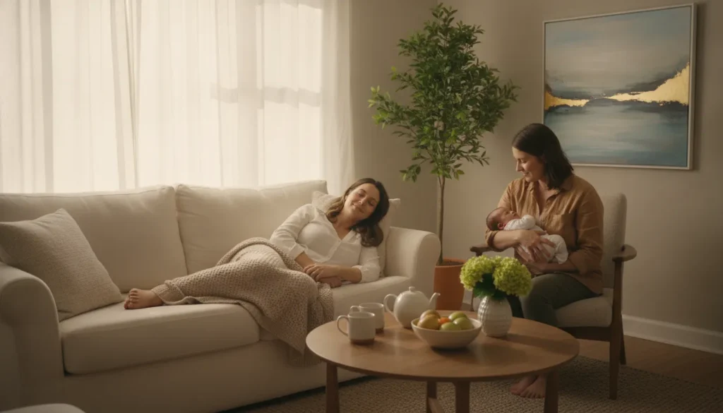 A new mother at home with a supportive postpartum doula gently caring for her newborn in bright, natural light