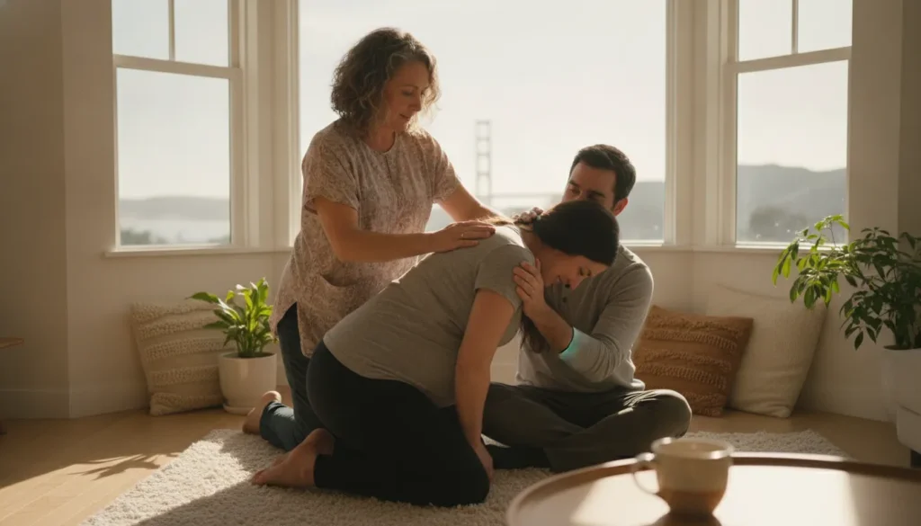 A birth doula gently supporting an expecting mother and her partner at home in the San Francisco Bay Area