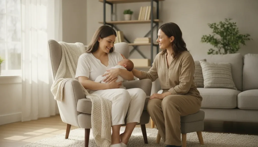 A supportive doula with a new mother and baby in a bright living room