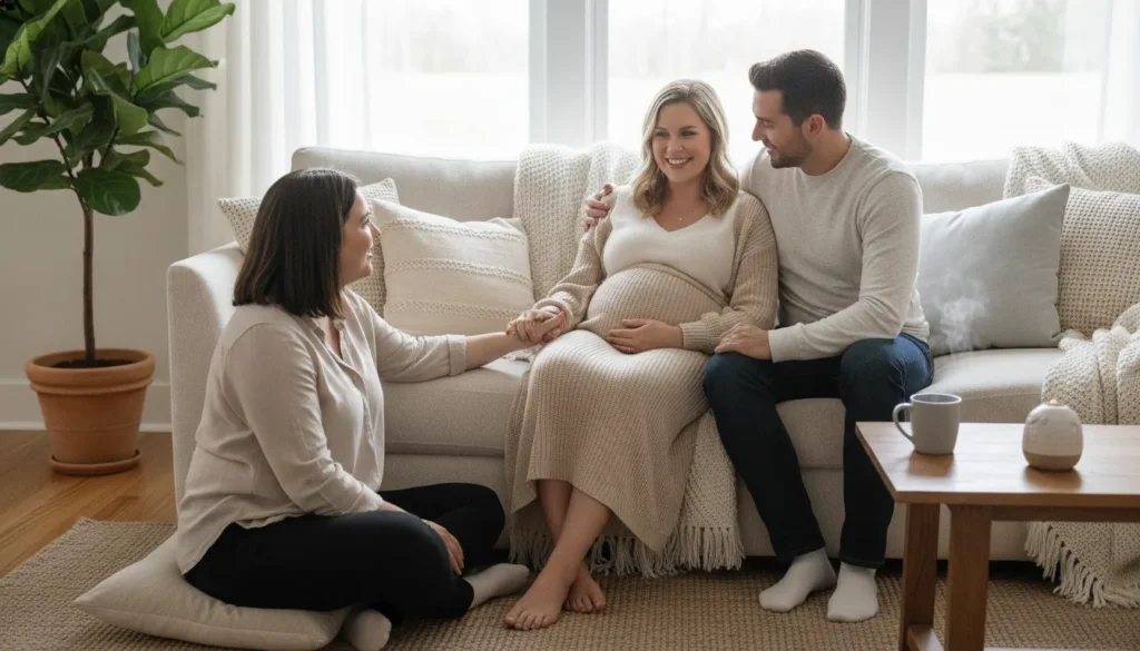 A warm, supportive doula scene with an expectant parent at home, illustrating covered birth and postpartum doula support in California