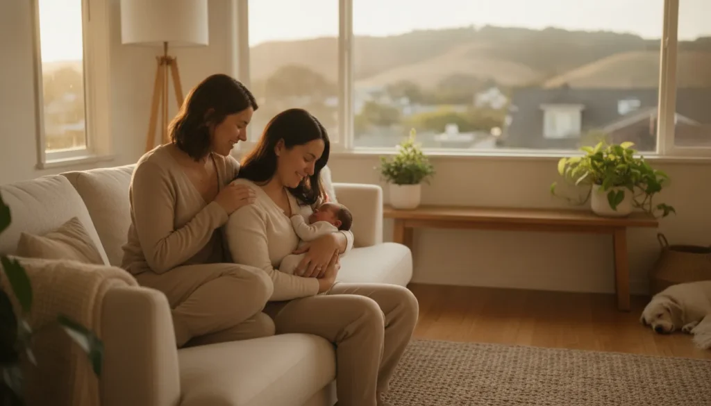 Doula gently supporting a new parent holding a newborn at home