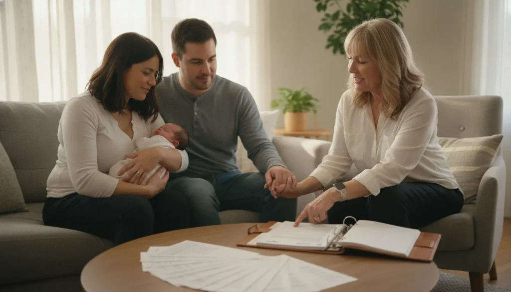 Bay Area parents reviewing doula care paperwork with a postpartum doula