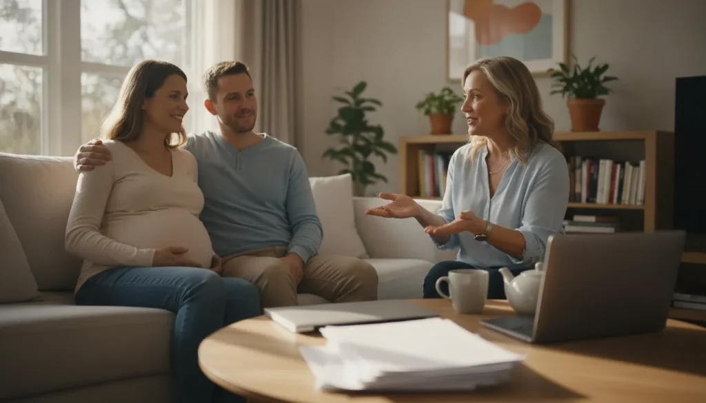Bay Area parents discussing employer benefits and postpartum doula support with a professional doula