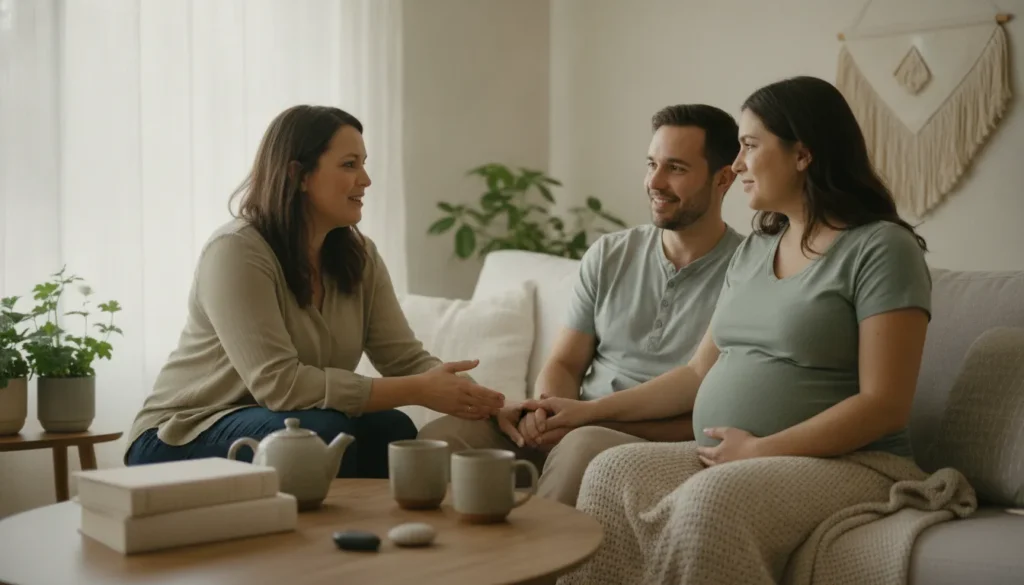 Professional postpartum doula meeting with expecting parents in a Bay Area home