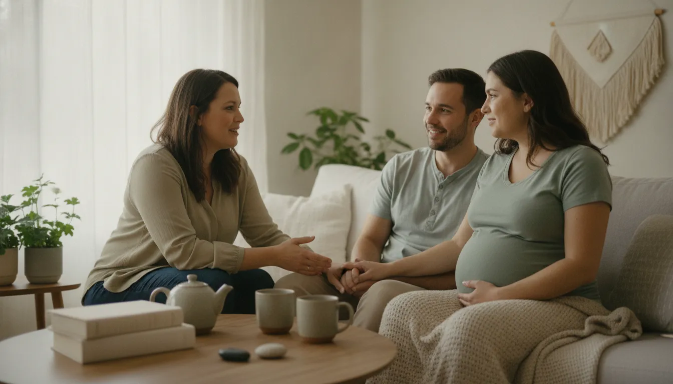Professional postpartum doula meeting with expecting parents in a Bay Area home