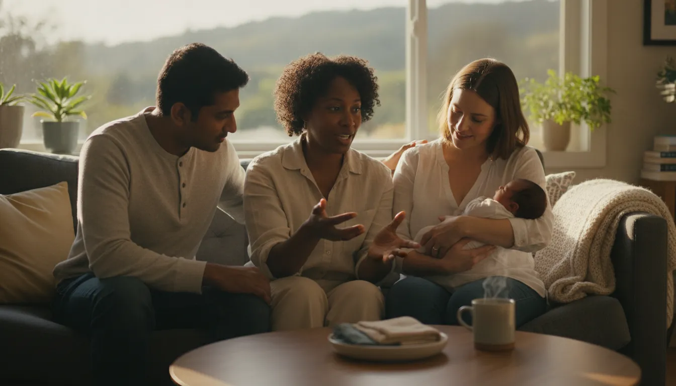 Bay Area family discussing affordable postpartum doula support with a professional doula