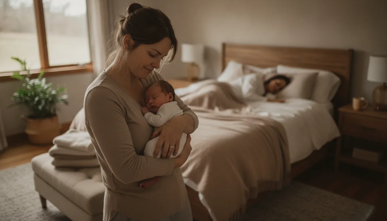 Parent resting while a postpartum doula supports newborn care overnight in the Bay Area