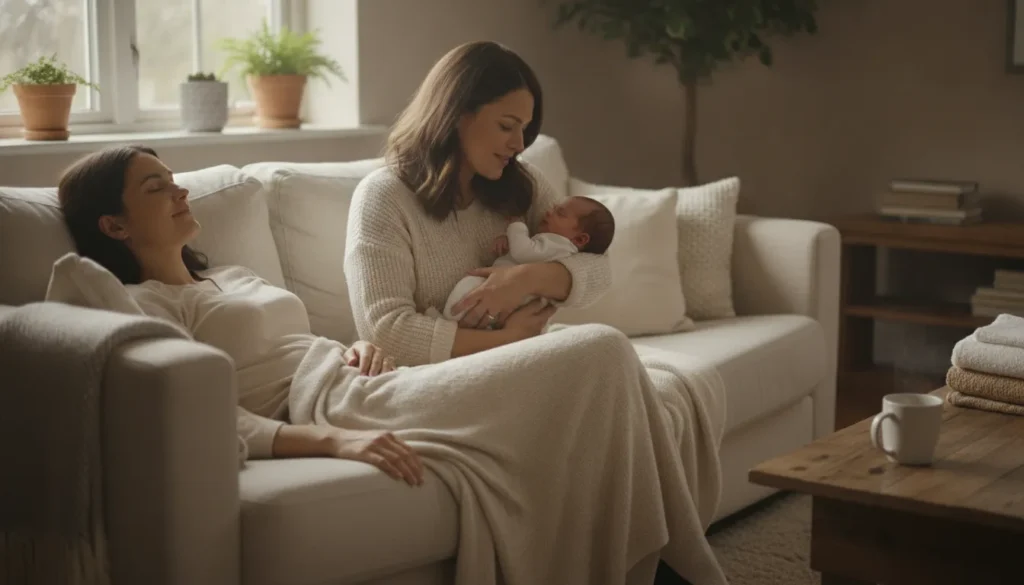 A new parent resting on a sofa while a caring professional doula gently holds and soothes a newborn nearby in a warm, calm home