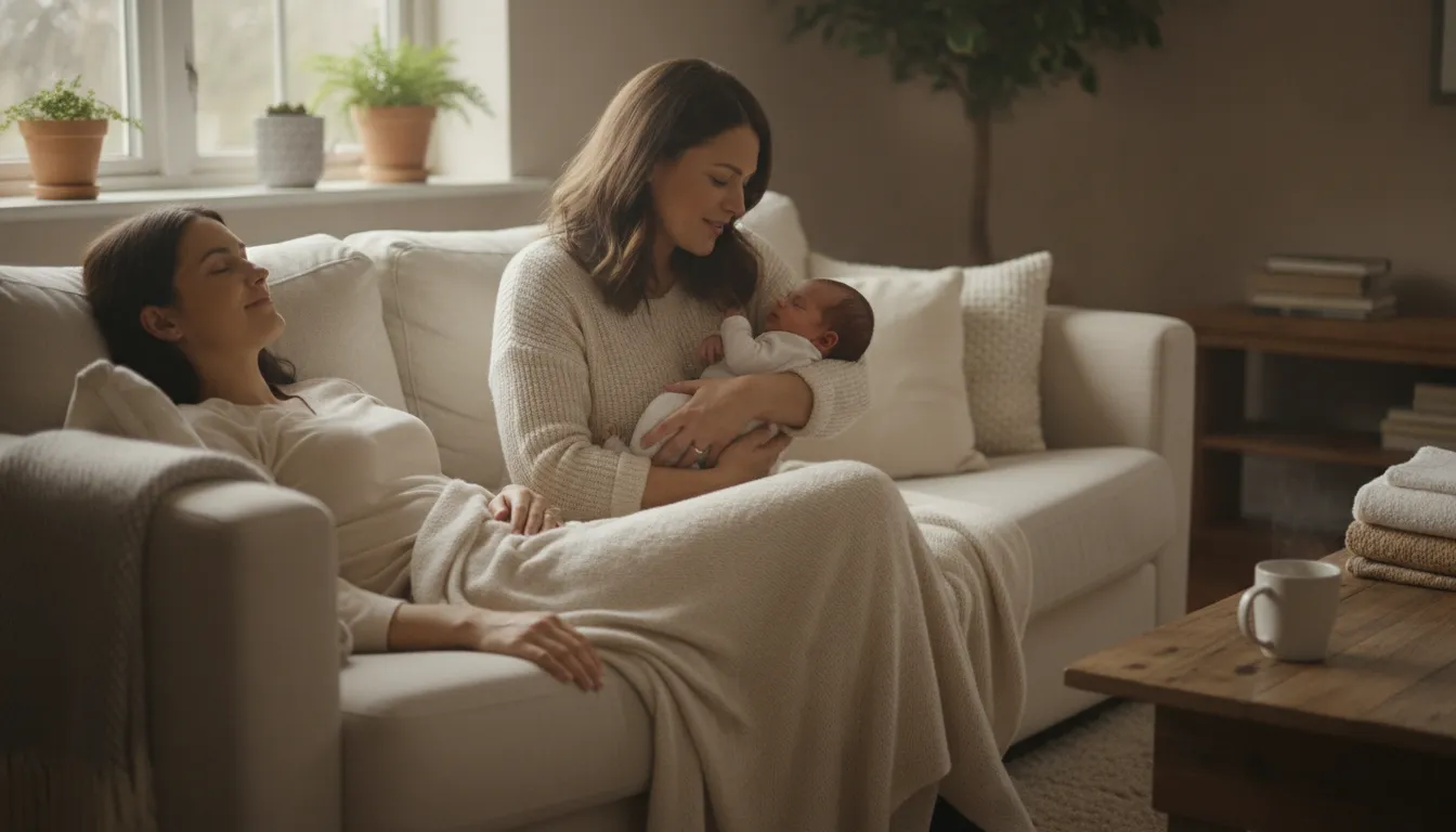 A new parent resting on a sofa while a caring professional doula gently holds and soothes a newborn nearby in a warm, calm home