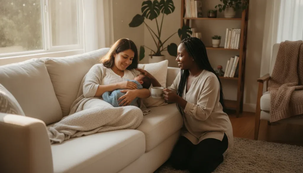 Postpartum doula assisting a new mother recovering from C-section at home in a warm living room setting