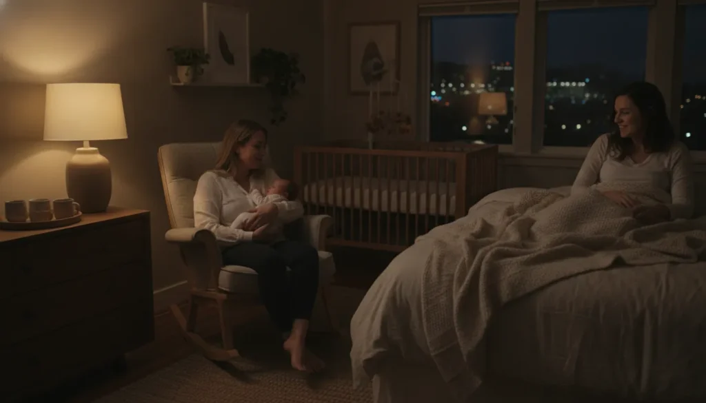 A postpartum doula gently caring for a newborn in a softly lit nursery at night while a new parent rests nearby