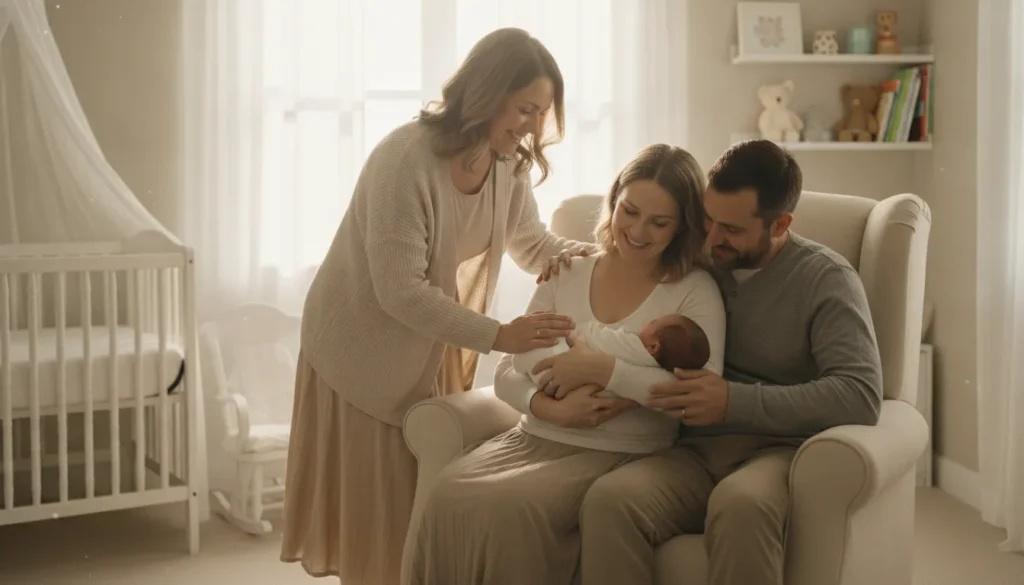 Postpartum doula offering warm, inclusive support to two parents holding a newborn in a sunlit nursery