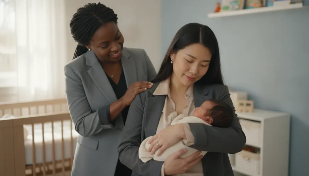 A postpartum doula supporting a new mother at home as she prepares to return to work