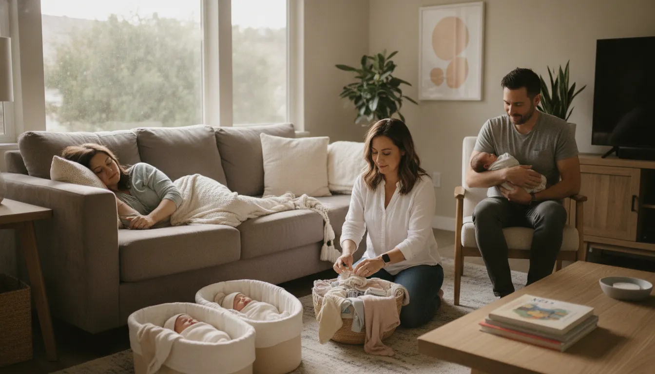 Postpartum doula supporting parents caring for newborn twins in a Bay Area home