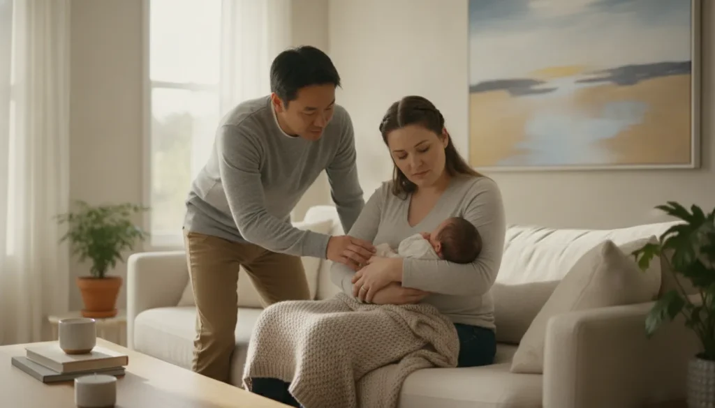 Doula guiding new parents with their newborn in a warm Bay Area home