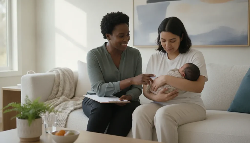 Bay Area postpartum doula helping a new parent review Carrot Fertility benefit questions while caring for a newborn