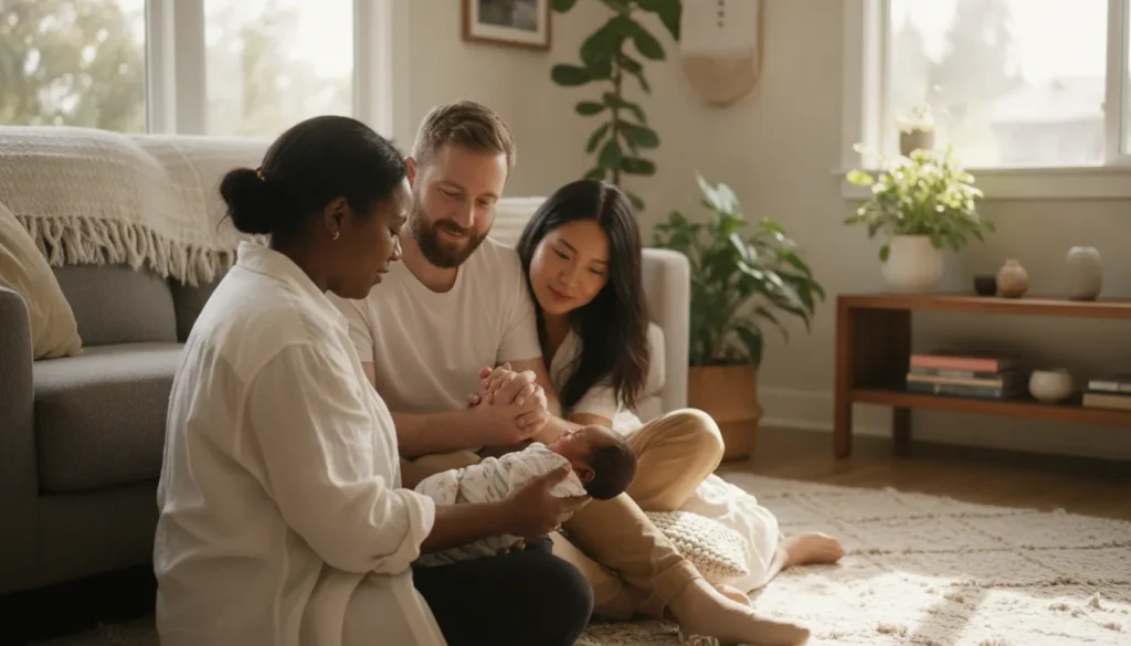 Postpartum doula supporting parents and newborn in an East Bay home