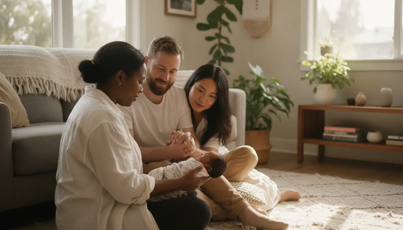 Postpartum doula supporting parents and newborn in an East Bay home