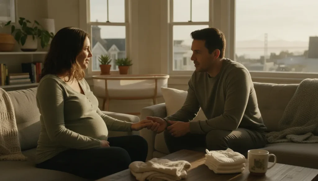 Postpartum doula meeting with expecting parents in a San Francisco home